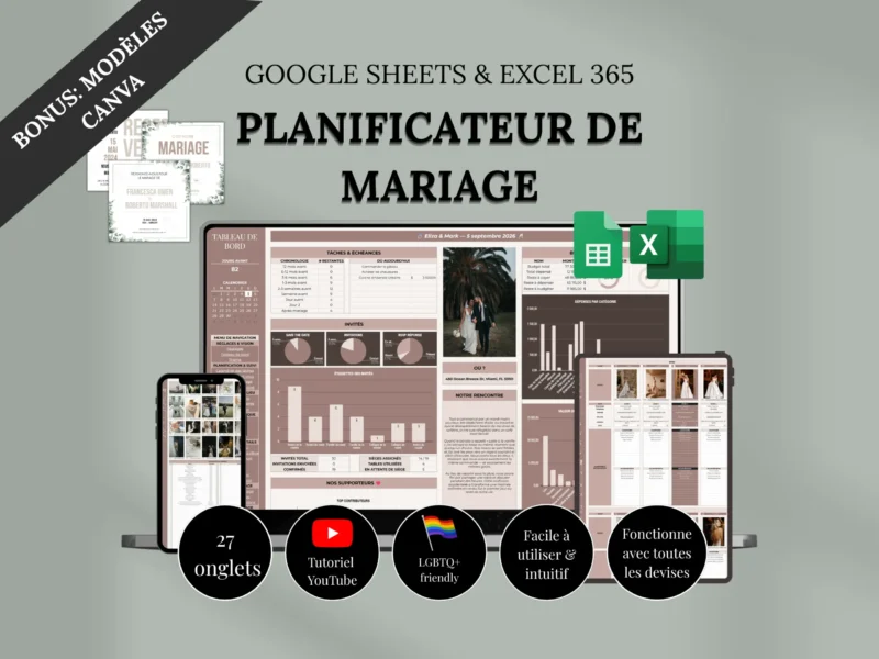 Spreadsheet planificateur de mariage pour Google sheets & Excel 365