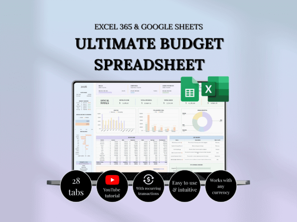 Preview of the ultimate budget spreadsheet on a laptop screen, compatible with Excel 365 and Google Sheets, featuring a 2026 annual dashboard with income and expense charts, a monthly summary, and a budget breakdown