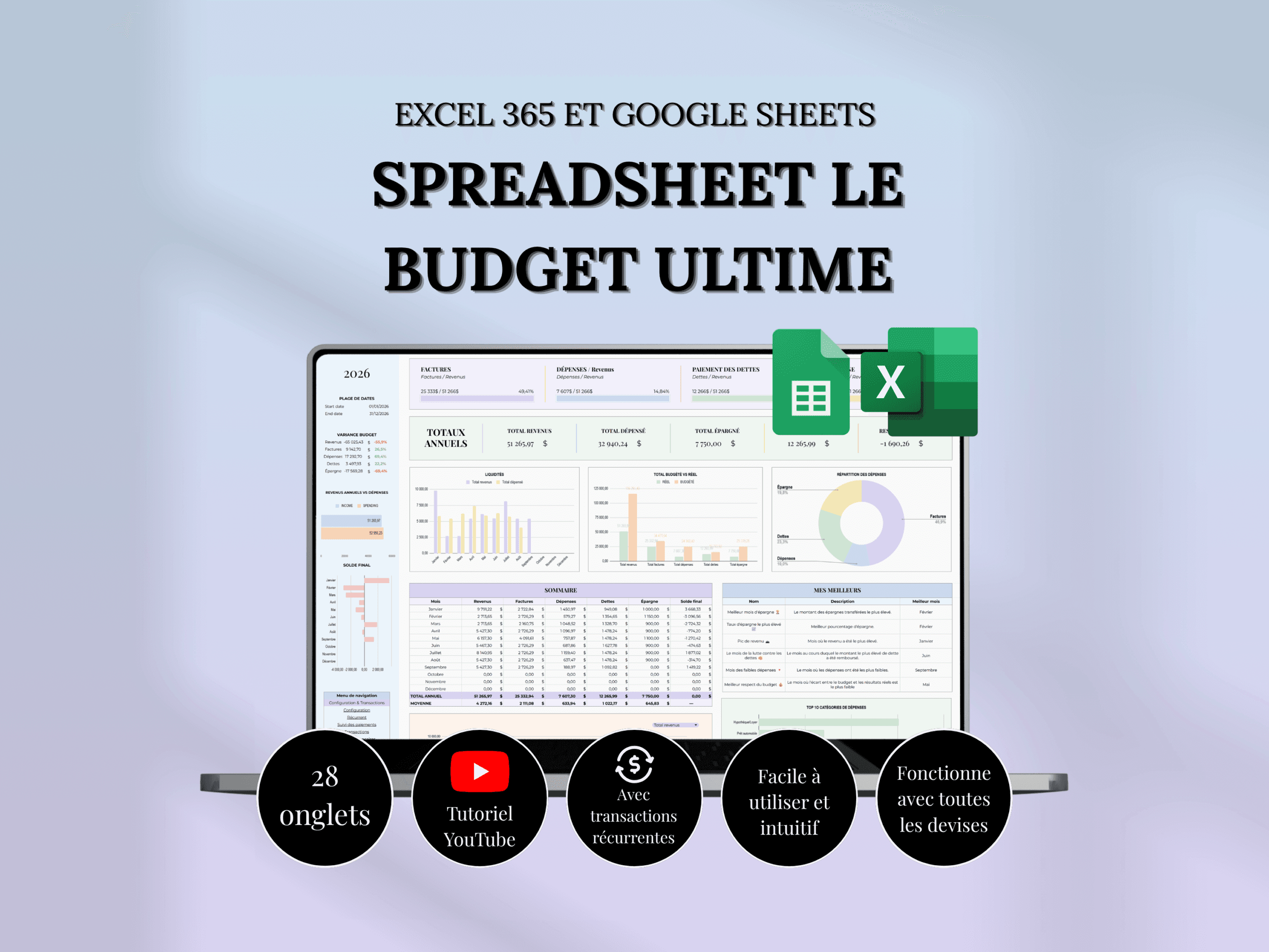 Aperçu du spreadsheet budget ultime sur écran d'ordinateur portable, compatible Excel 365 et Google Sheets, avec tableau de bord annuel 2026 affichant graphiques de revenus et dépenses, sommaire mensuel et répartition du budget